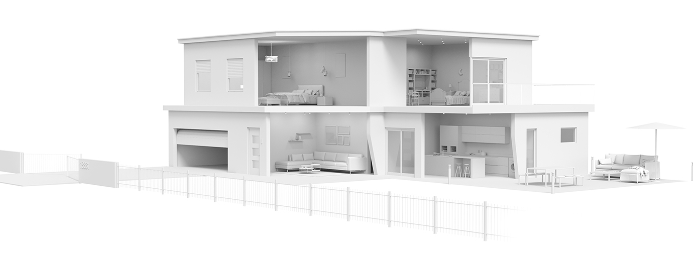 3D-Darstellung eines Hauses mit zwei Stockwerken